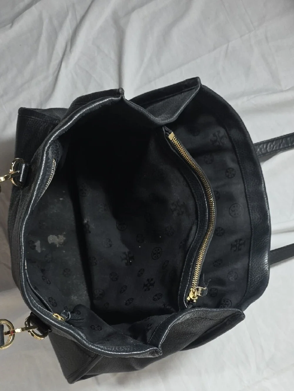 Tory Burch Black Pebbled Leather Double-Handle Tote with Gold Logo Emblem